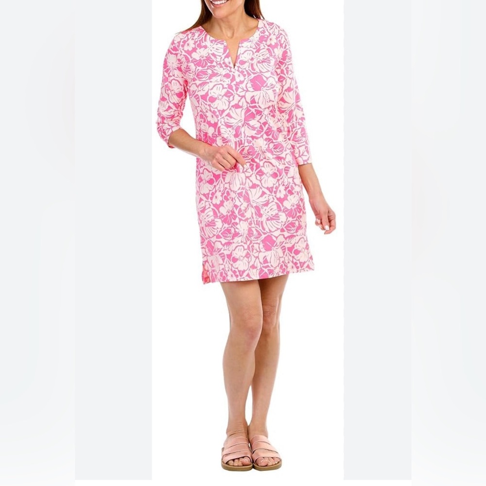 NEW Stella Parker Collection SPF 50 Pink And White 3/4 Sleeve Dress -Size S